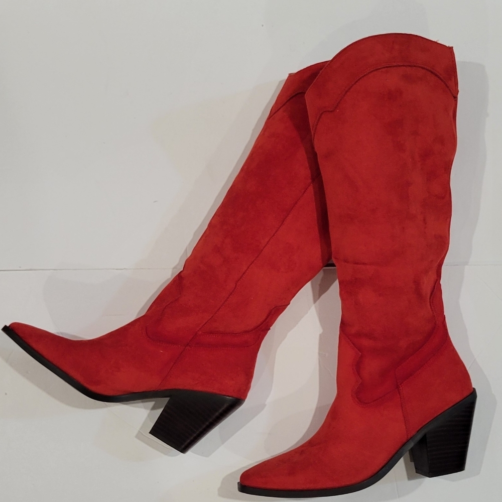 Red Suede Knee-High Boots
